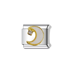 Macro detail of Italian modular charm with gold crescent moon and white enamel inlay