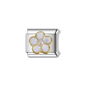 Italian charm bracelet link featuring a white flower with gold edges and a pearl center