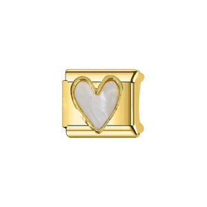 Macro shot of Italian charm link featuring a golden heart with mother of pearl inlay