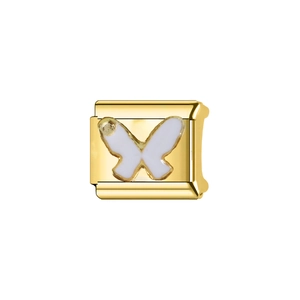 Golden Italian charm link with white butterfly design in polished stainless steel