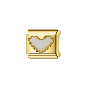 Macro detail of gold-coated Italian charm with a white heart inlay and scalloped edges