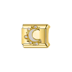 Close-up of gold stainless steel modular link with crescent moon and pearl inlay