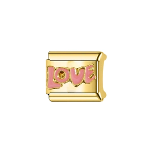 Detail of gold-plated link with pink enamel LOVE lettering for modular charm bracelets