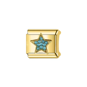 Macro view of gold Italian charm link featuring a pavé-set blue crystal star detail