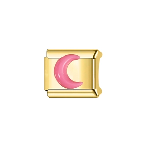 Detail view of Italian charm link featuring pink enamel crescent moon on gold stainless steel