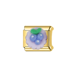 Macro view of gold stainless steel modular charm with 3D blueberry and purple flower