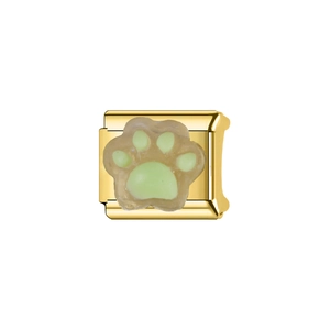 Italian charm link with green translucent cat paw design on gold stainless steel