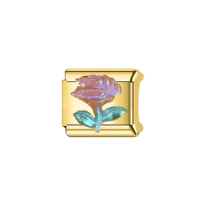 Detailed view of Italian charm link featuring a 3D iridescent rose on a gold steel base