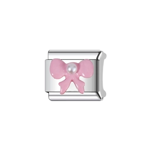Close-up of a silver stainless steel link with pink enamel bow and white pearl detail