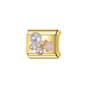 Detailed close-up of a gold titanium steel charm link with pearls and a pink star