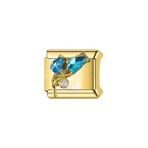 Detailed gold-plated charm link featuring pear-cut blue stones and a white pearl accent