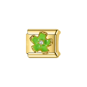 Italian modular charm in gold steel with green enamel flower and center pearl