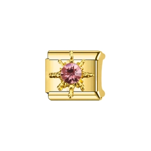 Italian charm bracelet link in gold finish with sunburst star and pink gemstone