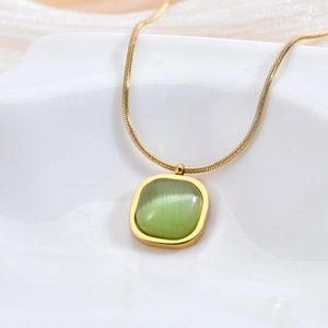 Bohemian gold snake chain necklace featuring a square green gemstone pendant for women