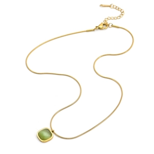 Bohemian gold snake chain necklace with a square green gemstone pendant for women