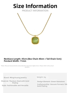 Detail view of titanium steel necklace showing 45cm length and 11mm green stone pendant