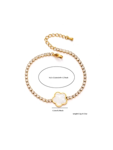 Détails du bracelet tennis doré avec zircons, pendentif fleur et mesures du produit