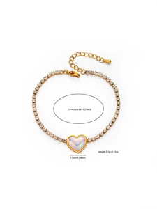 Dessin technique détaillé d'un bracelet de tennis cœur doré avec mesures et détails