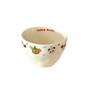 Cream ceramic bowl with wave texture and cute hand-drawn cartoon animal patterns