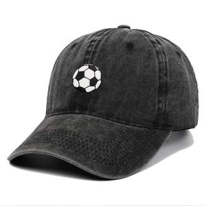 Close-up of high-quality football embroidery on vintage washed cotton baseball cap