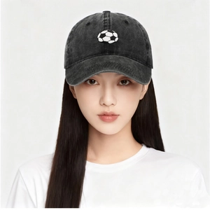 Front view of washed cotton baseball cap featuring high-quality football embroidery