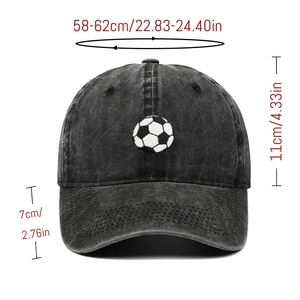 Dark grey washed cotton baseball cap with soccer embroidery and sizing measurements