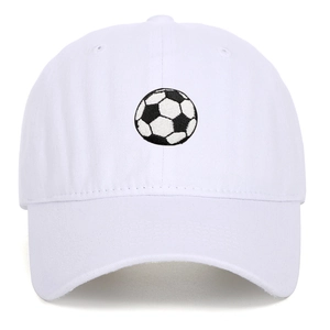 Close-up of high-quality football embroidery on white cotton baseball cap with neat stitching