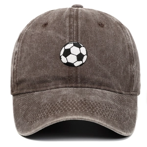 Close-up of the vintage coffee cotton baseball cap with detailed soccer embroidery