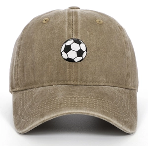 Detailed view of the fine black and white football embroidery on the brown washed cotton cap