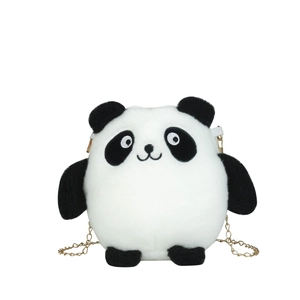 Cute panda plush crossbody bag for kids featuring soft faux fur and gold chain strap