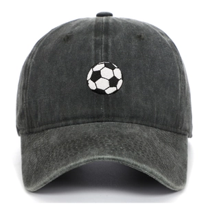 Close-up of a charcoal grey washed cotton baseball cap with football embroidery