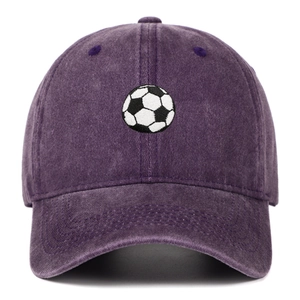 Detailed close-up of purple washed cotton baseball cap with premium football embroidery