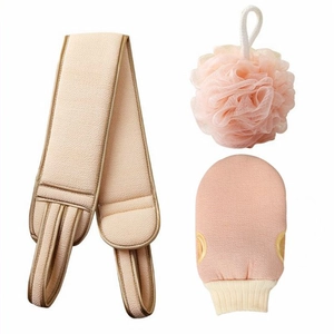 Three-piece exfoliating bath set including back scrubber, shower ball and mitt in beige