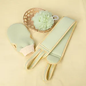 Light green exfoliating bath set including scrubber strap, glove, and mesh loofah sponge