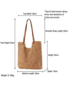 Sac cabas en paille tressée kaki avec poignées en cuir marron et tableau des tailles