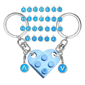 Blue heart block keychain set with full A-Z initial charms for couples and friends