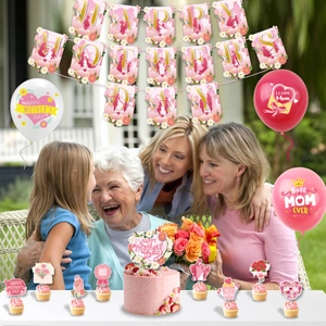 Mother's Day party decoration set with Happy Mother's Day banners and balloons