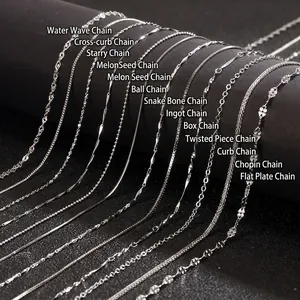S925 sterling silver chain necklaces showing twelve diverse weaving styles on black stand