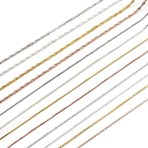 Detail of S925 sterling silver necklaces showing box, water wave and cable chain designs