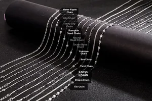 Macro detail of twelve sterling silver necklace chain styles on a black display