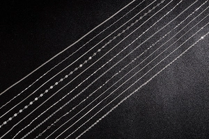 Detailed close-up of various S925 sterling silver chain styles including snake and box link