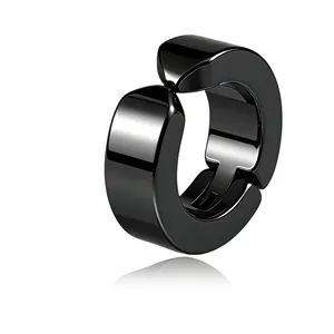 Minimalist black stainless steel ear cuff clip with glossy mirror finish for men