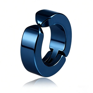 Polished blue titanium steel ear cuff with minimalist C-shape hinge for men and women