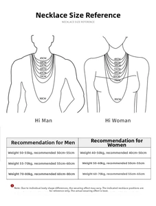 Size guide for S925 silver necklaces showing 40cm to 90cm lengths for men and women
