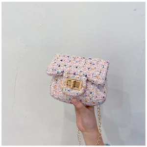 Pink tweed mini crossbody bag for girls with gold chain strap and turn-lock closure