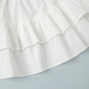 Detailed macro view of white layered ruffles and cotton fabric texture on a skirt