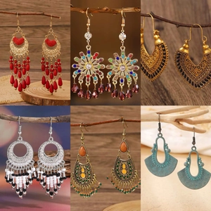 Bohemian Vintage Alloy Long Drop Earrings For Women Ethnic Hollow Carved Flower Colorful Tassel Dangle Party Jewelry