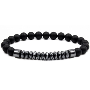 Elastic 8mm matte agate and hematite beaded yoga bracelet with lava rock accents