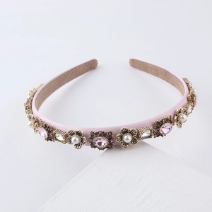 Baroque thin headband with pink rhinestones and pearls on a sleek fabric base
