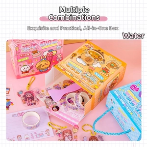 Detail of DIY craft set including colorful storage boxes, cartoon tapes and Guka pendants
